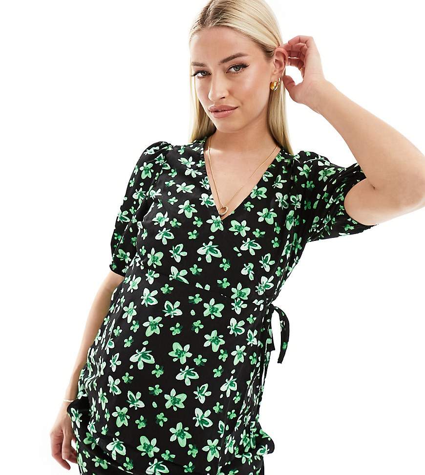 Mamalicious Maternity nursing wrap top co-ord in palm flower print-Black