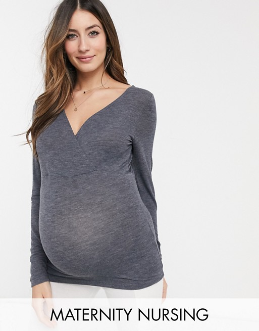 Mamalicious Maternity nursing wrap top with lace back detail in grey
