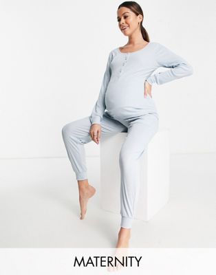 Mamalicious Maternity cotton blend jersey long sleeve pyjama set in light blue - LBLUE