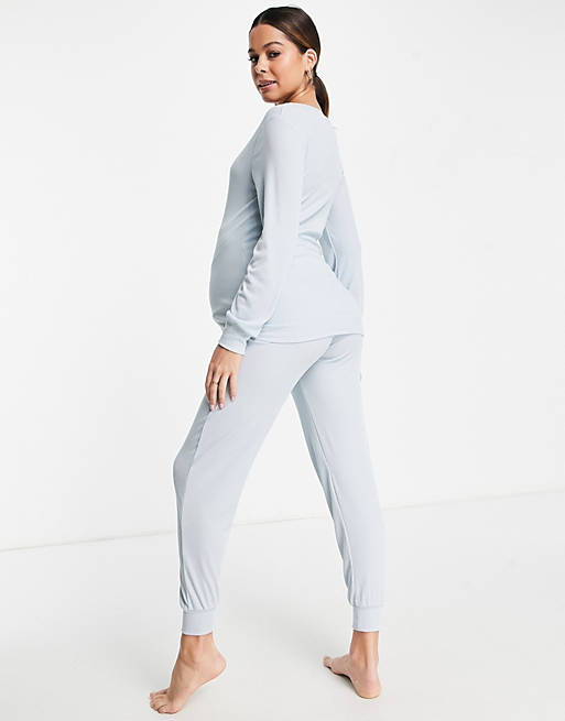  Mamalicious Maternity organic cotton blend jersey long sleeve pyjama set in light blue 