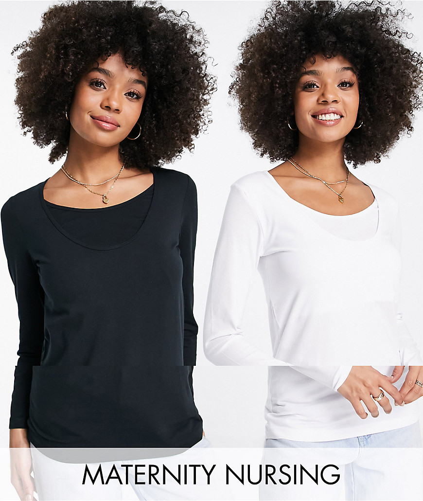 Mamalicious Maternity organic cotton blend long sleeve t-shirt 2 pack with nursing function-Multi