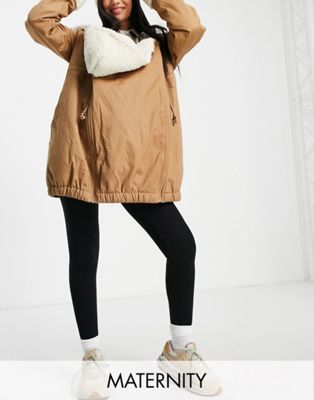Mamalicious Maternity cotton coat with teddy lining and drawstring waist in camel - BEIGE