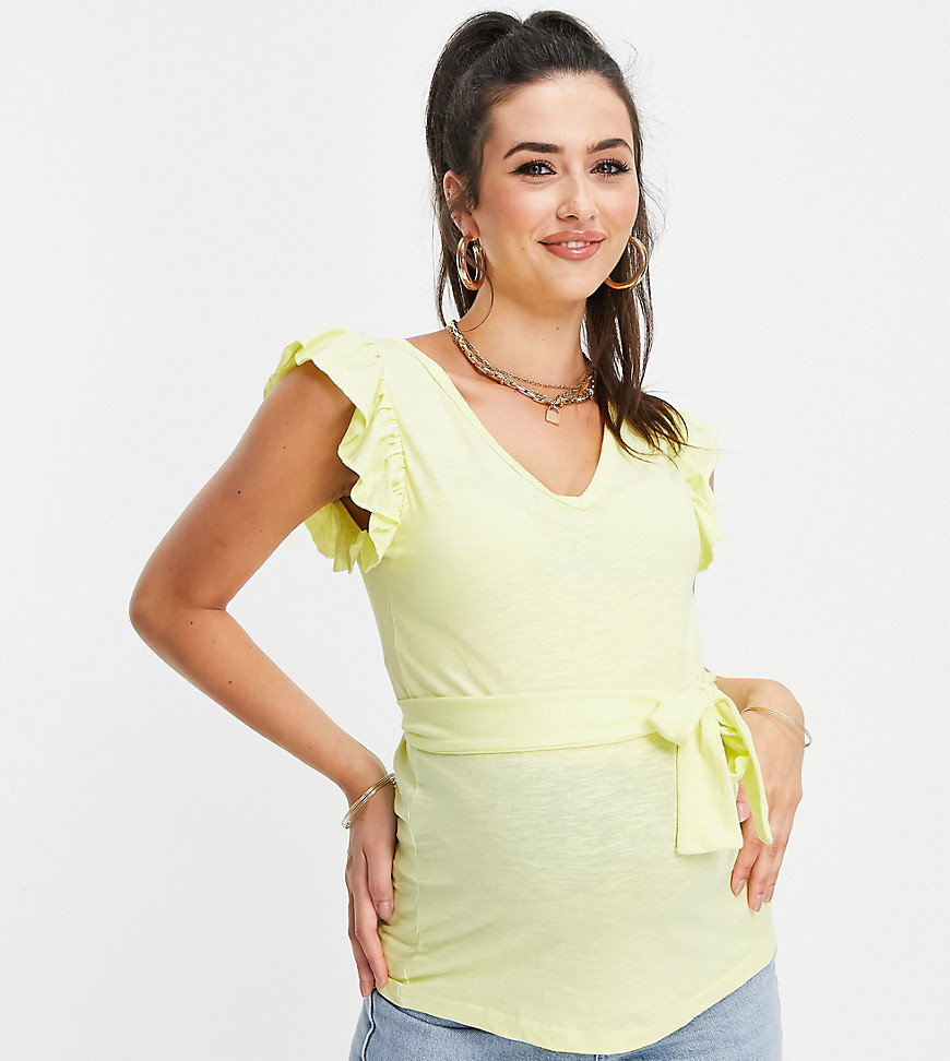 Mamalicious Maternity organic cotton frill sleeve v-neck t-shirt in yellow