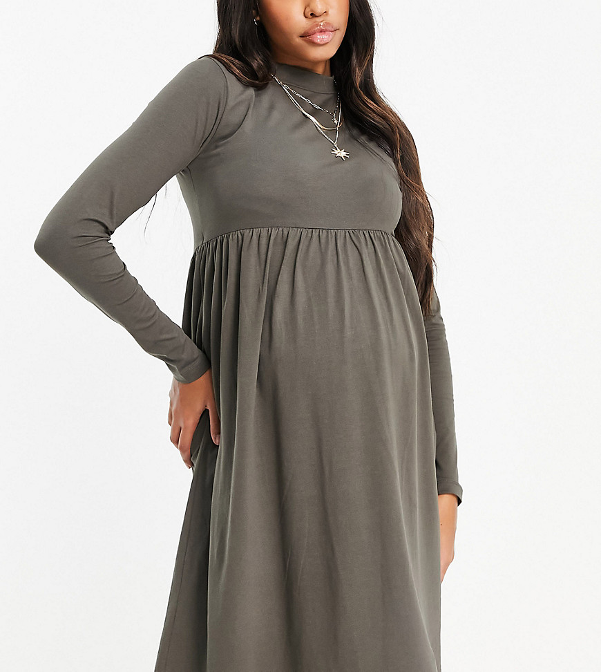 Mamalicious Maternity organic cotton long sleeve dress with funnel neck in brown