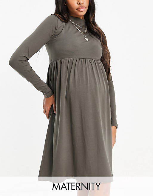 Mamalicious Maternity cotton long sleeve dress with funnel neck in brown - BROWN