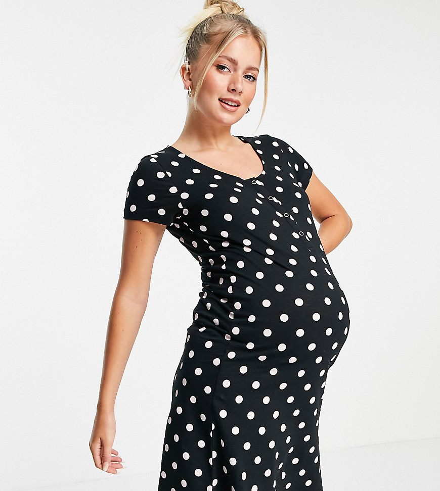 Mamalicious Maternity organic cotton nightie with nursing function in black polka dot-Multi
