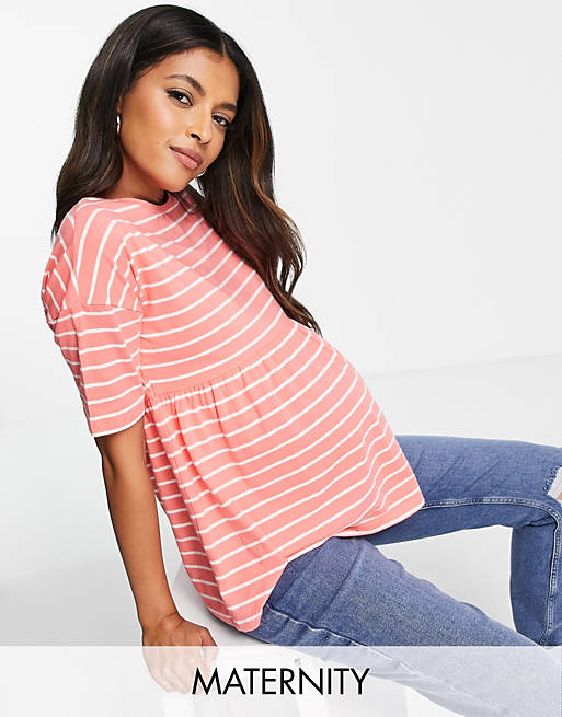 Mamalicious Maternity cotton smock t-shirt in pink and white stripe - MULTI