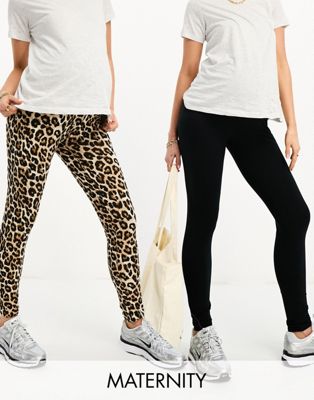 Mamalicious Maternity over the bump 2 pack leggings in black and leopard print - ASOS Price Checker