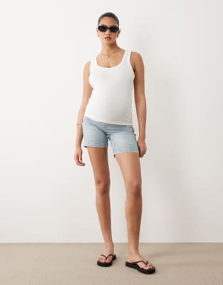 Mama.licious Mamalicious Maternity Over The Bump Basic Longline Denim Shorts In Blue