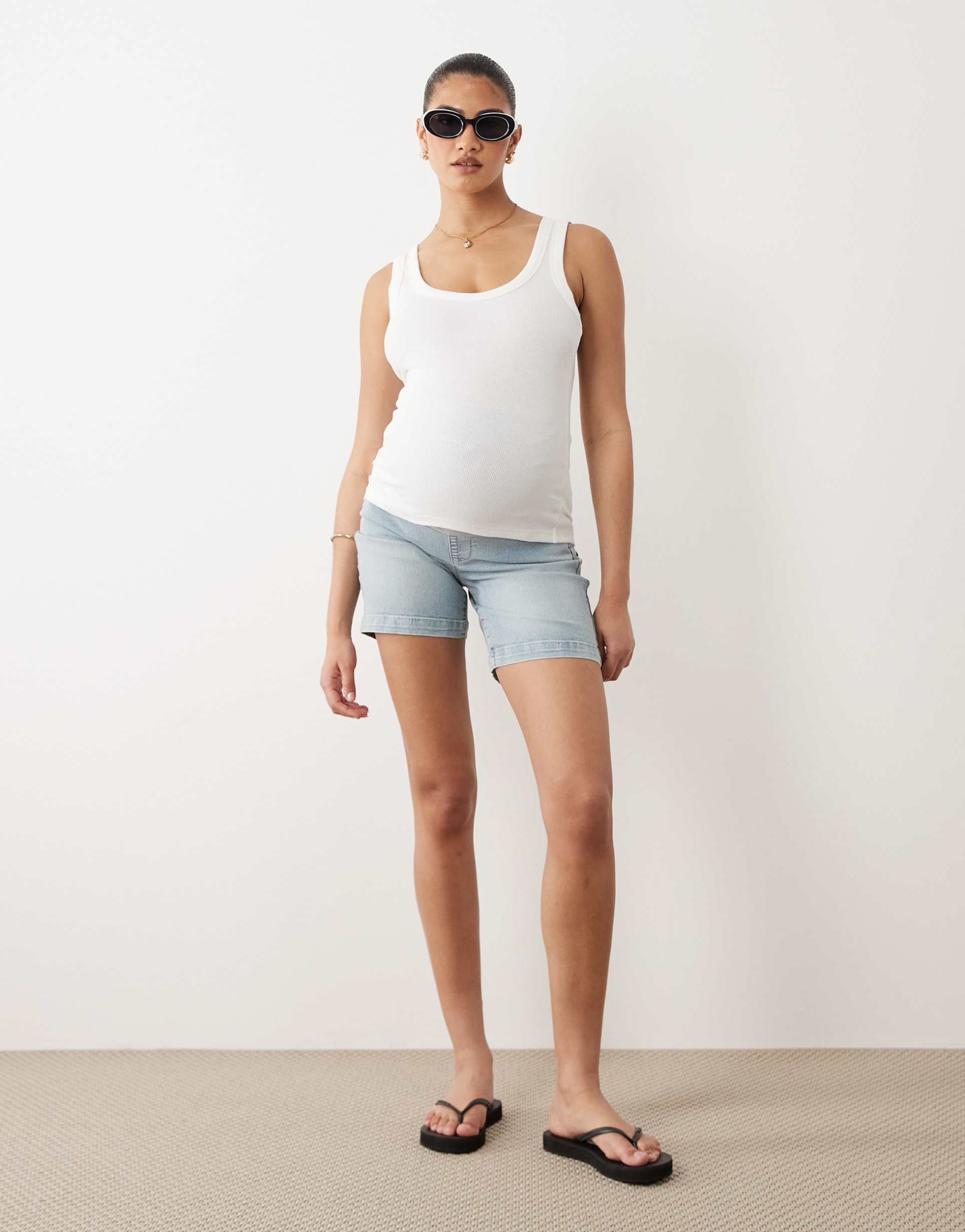 mamalicious maternity over the bump basic longline denim shorts in light blue wash