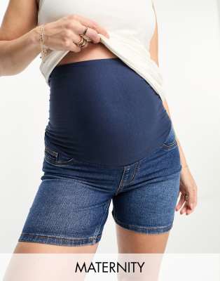 Mamalicious Maternity over-the-bump denim shorts in blue