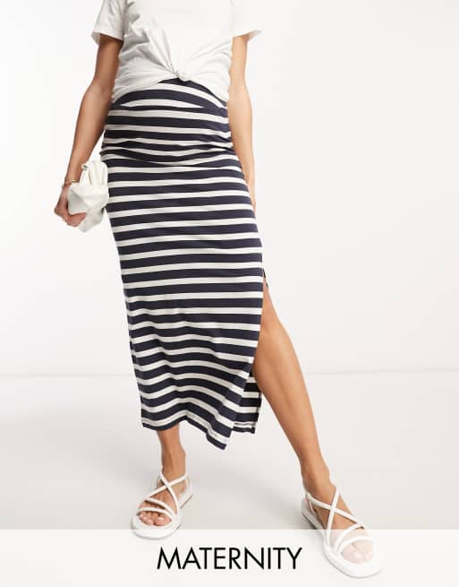 Mamalicious Maternity over the bump maxi skirt in navy and white stripe