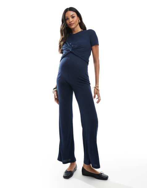 Mamalicious Maternity over the bump ribbed jersey wide leg trouser co-ord in navy - view 1