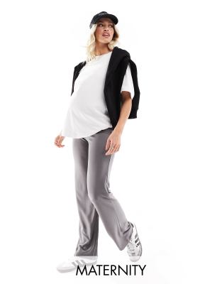 Mama.licious Mamalicious Maternity over the bump ribbed wide leg pants in  dark gray