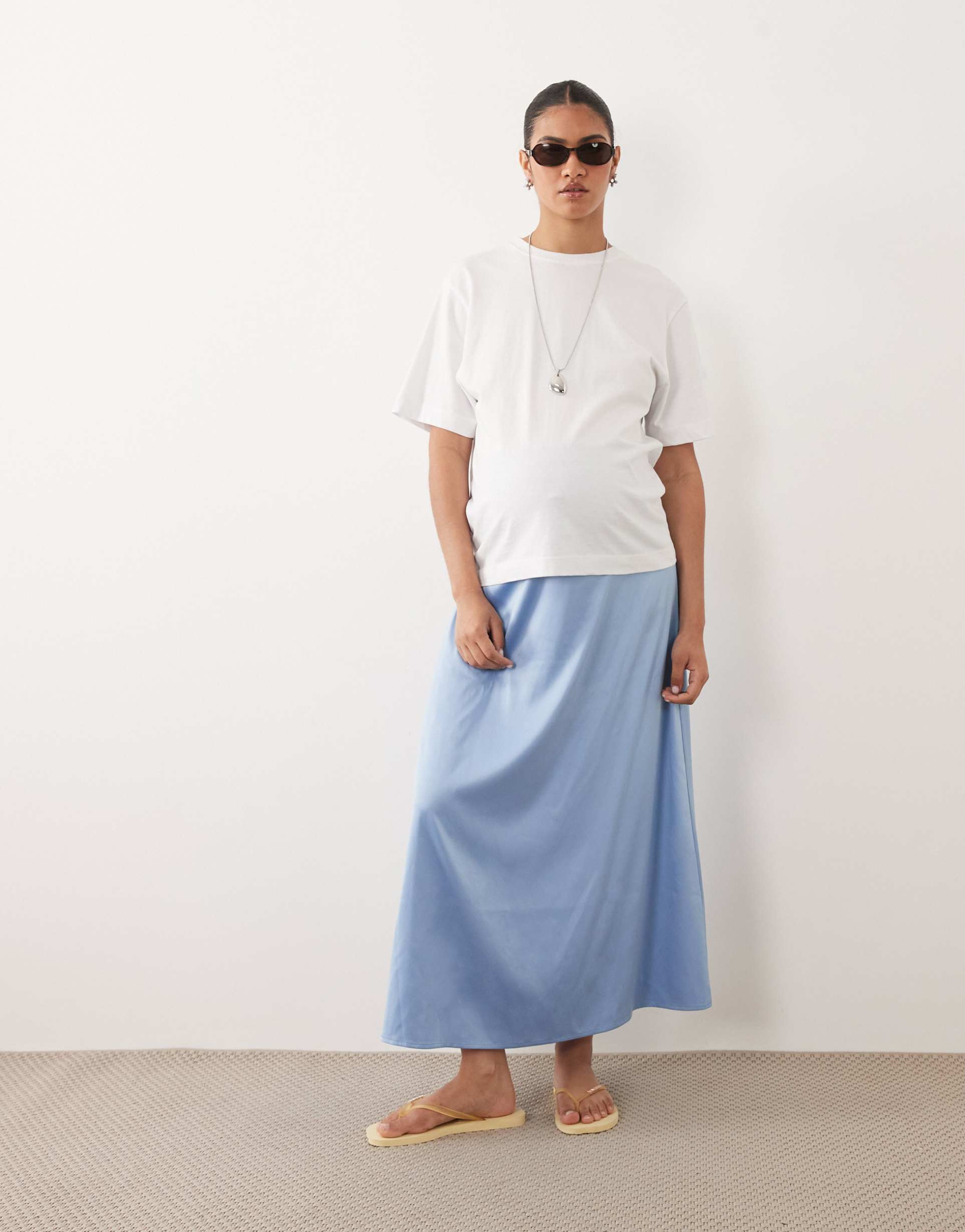 mamalicious maternity over-the-bump satin midi skirt in brunnera blue