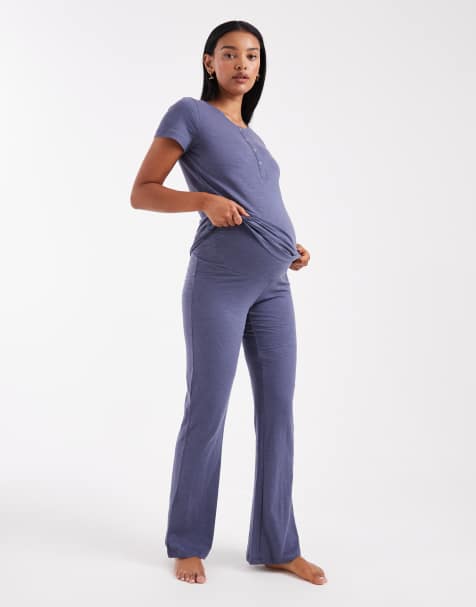 Mamalicious Maternity over the bump trouser and t-shirt lounge set with nursing function in dark blue - view 1