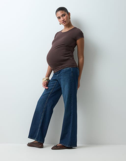 Mamalicious Maternity over the bump wide leg jeans in dark blue denim, 2 of 5