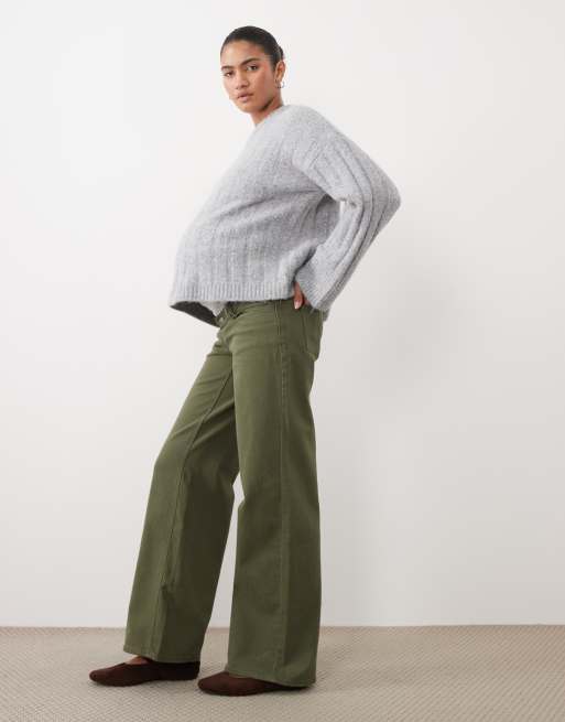 Mamalicious Maternity over the bump wide leg jeans in dark green , 2 of 5