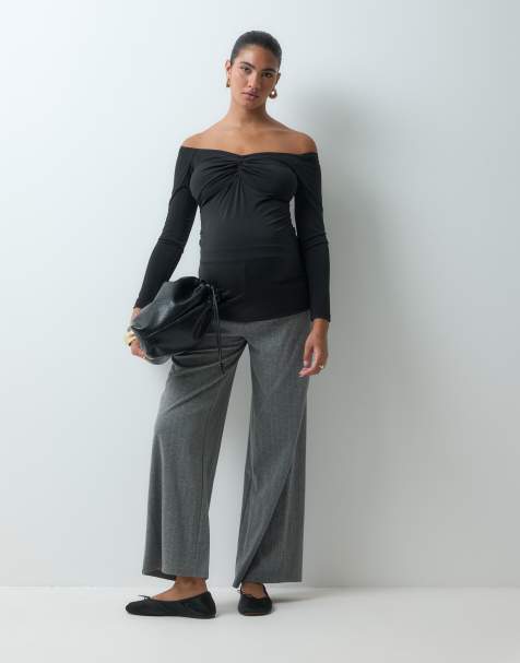 Mamalicious Maternity over the bump wide leg jersey trouser in grey pinstripes - view 1