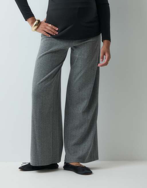 Mamalicious Maternity over the bump wide leg jersey trouser in grey pinstripes, 2 of 5