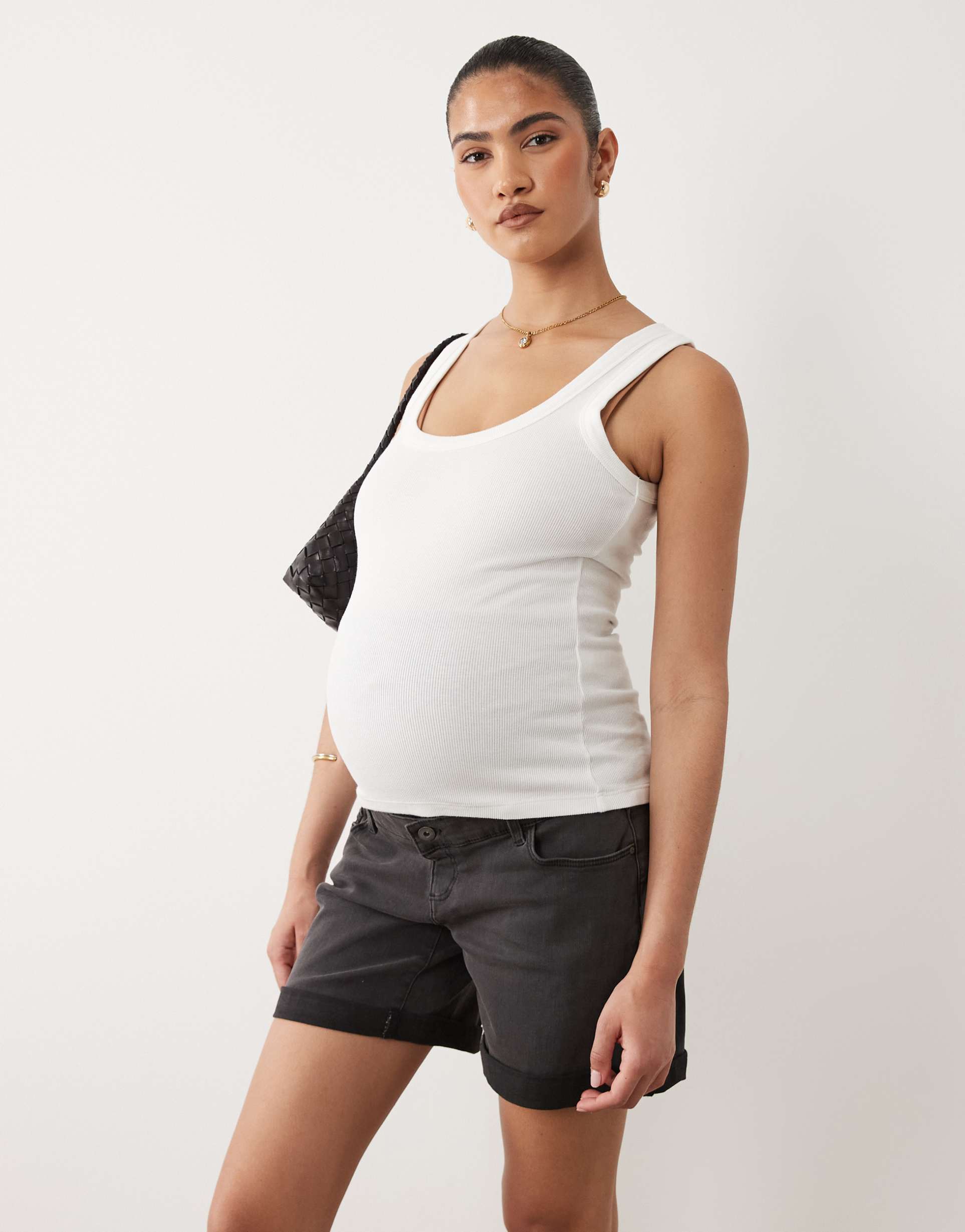 mamalicious maternity over the bump wide leg longline denim shorts in black