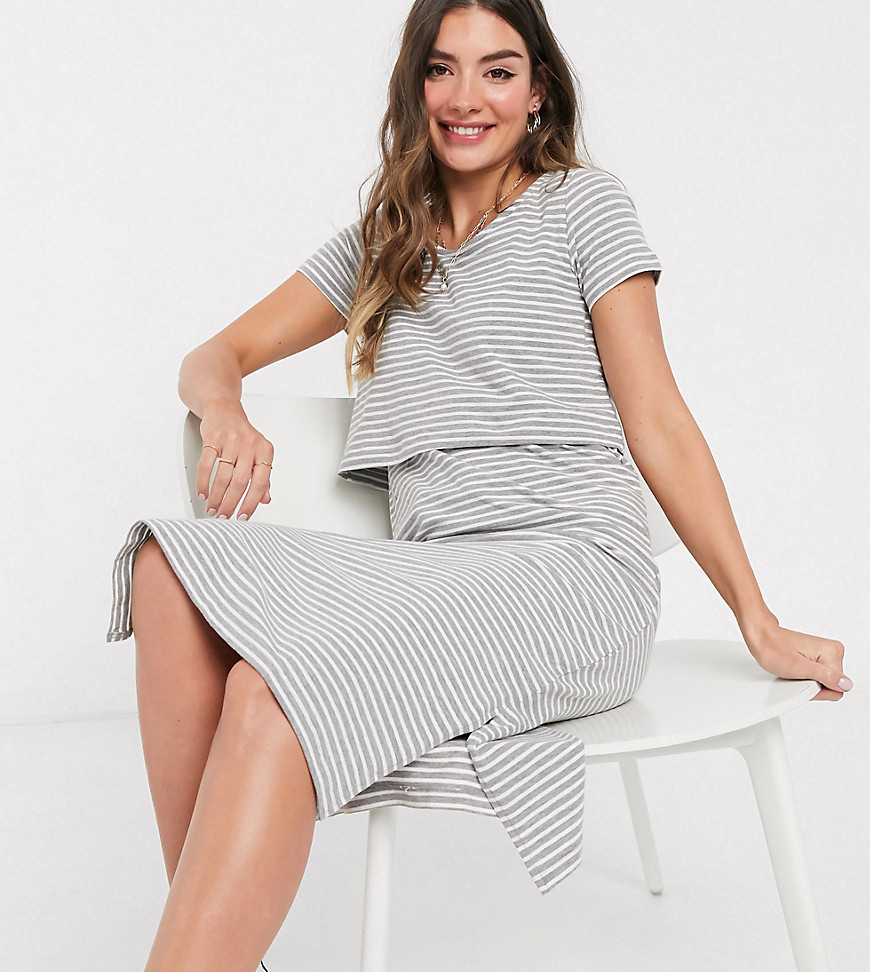 Mamalicious Maternity overlay t-shirt dress with nursing function in white stripe-Grey
