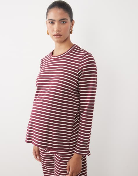 Mamalicious Maternity oversized long sleeve jersey top co-ord in burgundy stripe - view 1