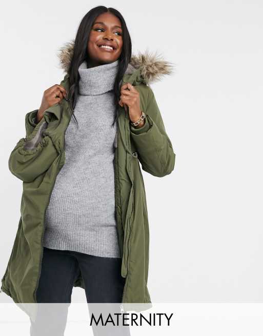 Mamalicious Maternity 3 in 1 coat with teddy lining and drawstring waist in  khaki - DGREEN