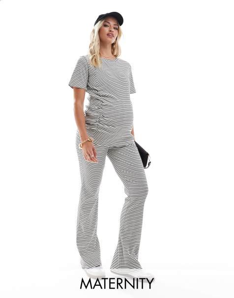 Mamalicious Maternity - Pantaloni a zampa a righe con fascia sopra il pancione a coste in coordinato - view 1
