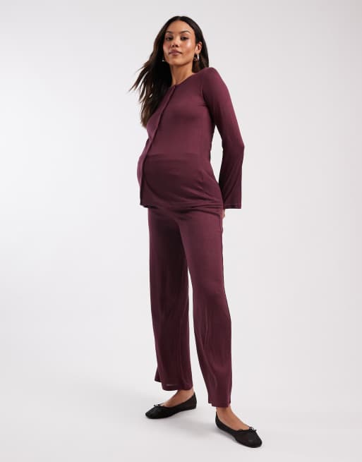 Mamalicious Maternity - Pantaloni dritti in morbido jersey color bordeaux in coordinato