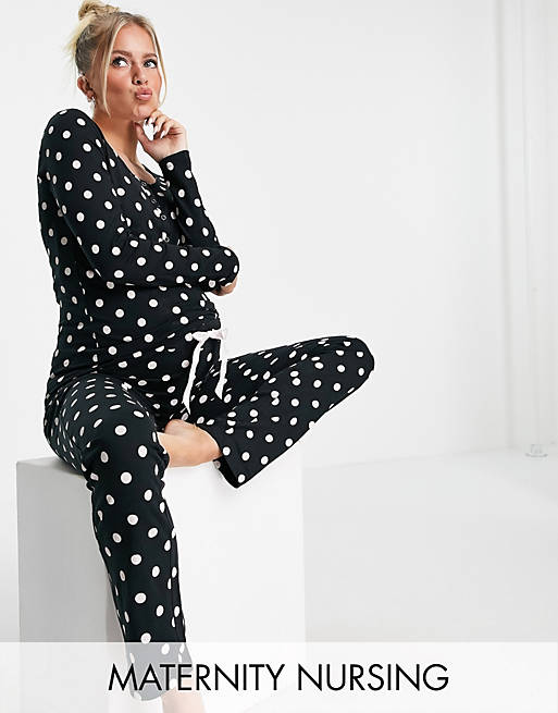 Mamalicious Maternity cotton pjs with nursing function in black polka dot - MULTI