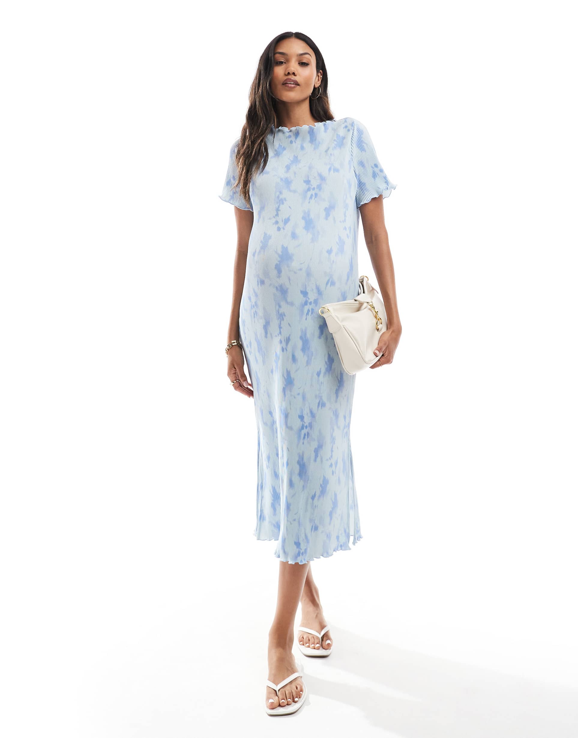 mamalicious maternity plisse midi dress in blue tie dye