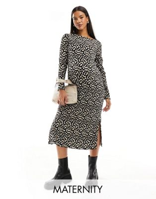 Mama.licious Mamalicious Maternity Plisse Midi Dress With Side Split In Leopard Print-multi