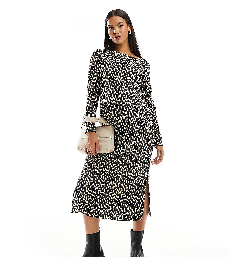 Mama.licious Mamalicious Maternity Plisse Midi Dress With Side Split In Leopard Print-multi