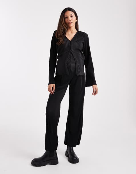 Mamalicious Maternity plisse straight leg pants in black - part of a set - view 1