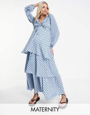 Mamalicious Maternity polka dot maxi dress in baby blue | ASOS