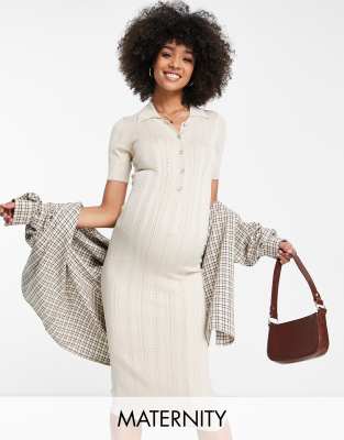 Mamalicious Maternity polo knitted midi dress in beige