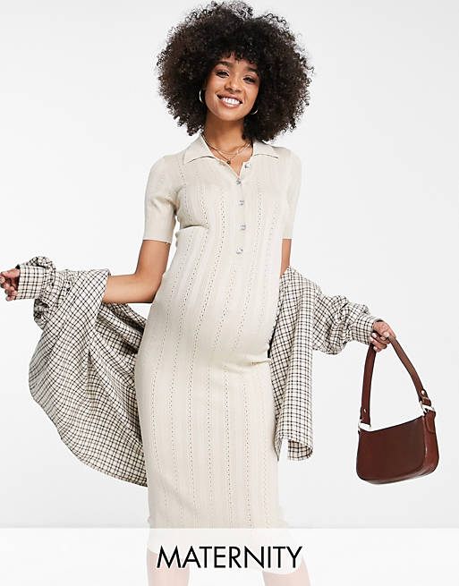 Dresses Mamalicious Maternity polo knitted midi dress in beige 