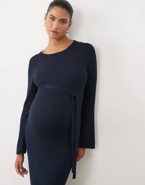 Mamalicious Maternity prążkowana dzianinowa sukienka midi z wiązaniem w talii w kolorze granatowym - view 1