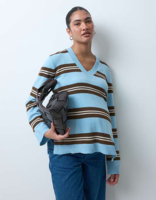 Mamalicious Maternity pull col V 2 fonctions à rayures bleu clair et marron, 2 de 5