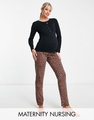 Mamalicious Maternity cotton blend leopard print pyjama set with nursing function in multi  - ASOS Price Checker