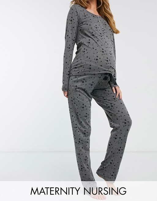 Mamalicious Maternity Nursing pyjama set in grey smudge print