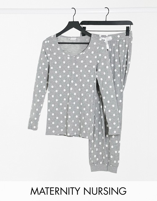 Mamalicious Maternity pyjama set with nursing function in grey polka dot