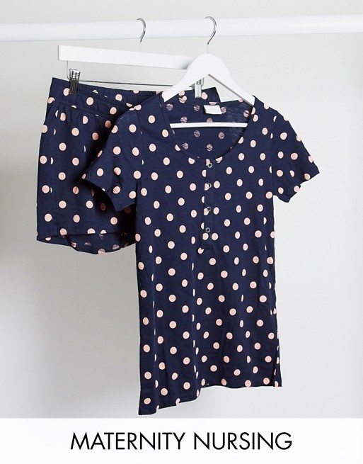 Mamalicious Maternity pyjama set with nursing function in navy polka dot