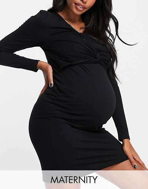 Mamalicious Maternity knot front mini dress in black - BLACK
