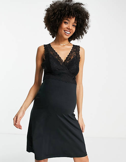 Women Mamalicious Maternity recycled blend nightie with lace detail in black 