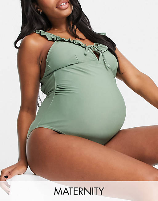 Mamalicious Maternity swimsuit with key hole and frill strap detail and khaki - MGREEN