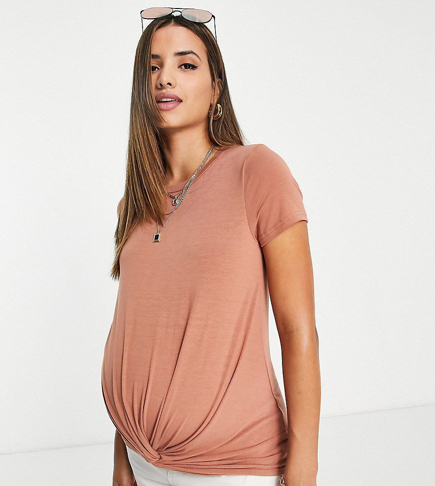Mamalicious Maternity recycled blend t-shirt with twist front in pink-Brown