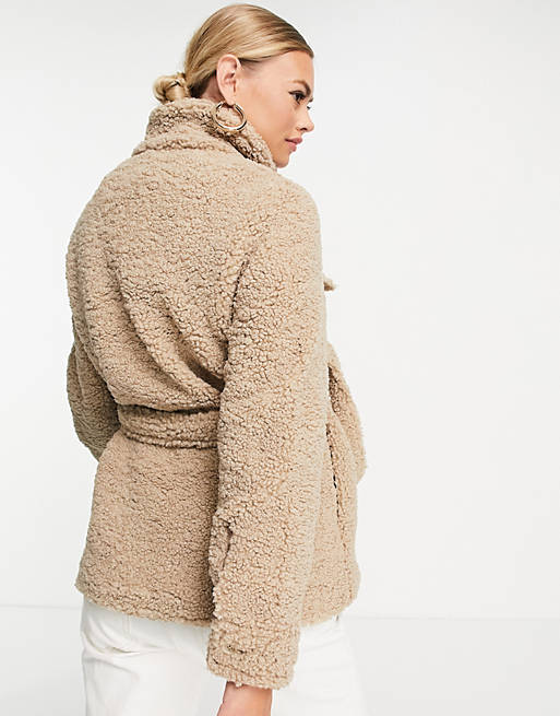 Coats & Jackets Mamalicious Maternity recycled borg teddy jacket with tie waist in camel 