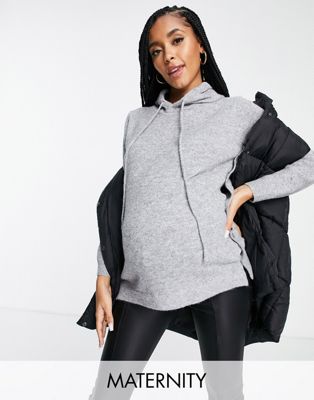 Mamalicious Maternity nursing knitted hoodie with side buttons in grey - LGREY